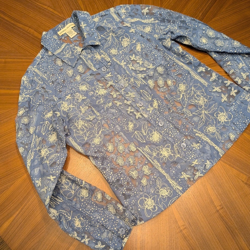 Bamboo Traders Button Down Women Small Blue Excellent Floral Burnout Sheer Shirt